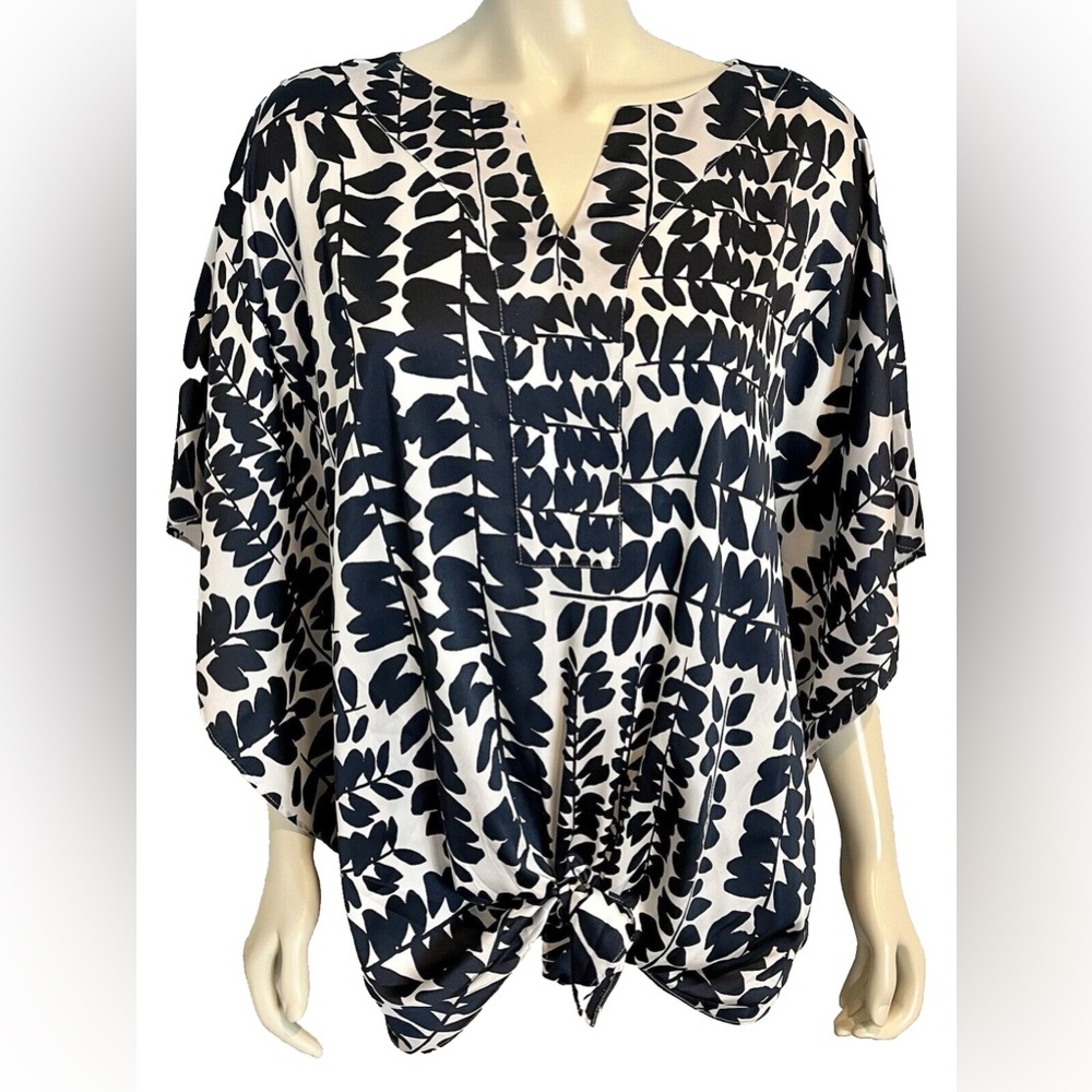 CHICOS Satin Tie-Front Blouse in Botanical Print, Like New